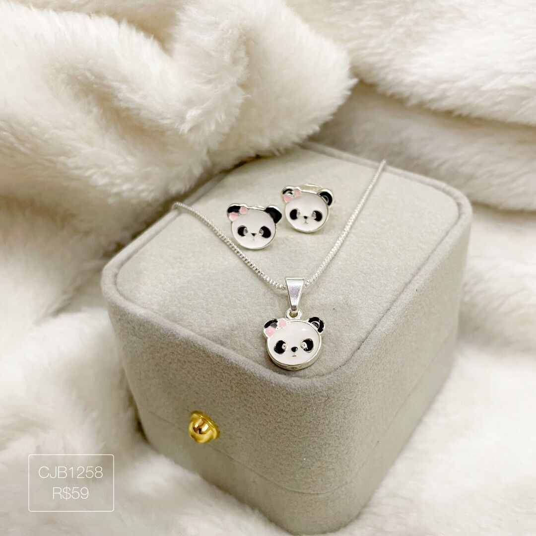 Conjunto Infantil de Panda Esmaltado Prateado